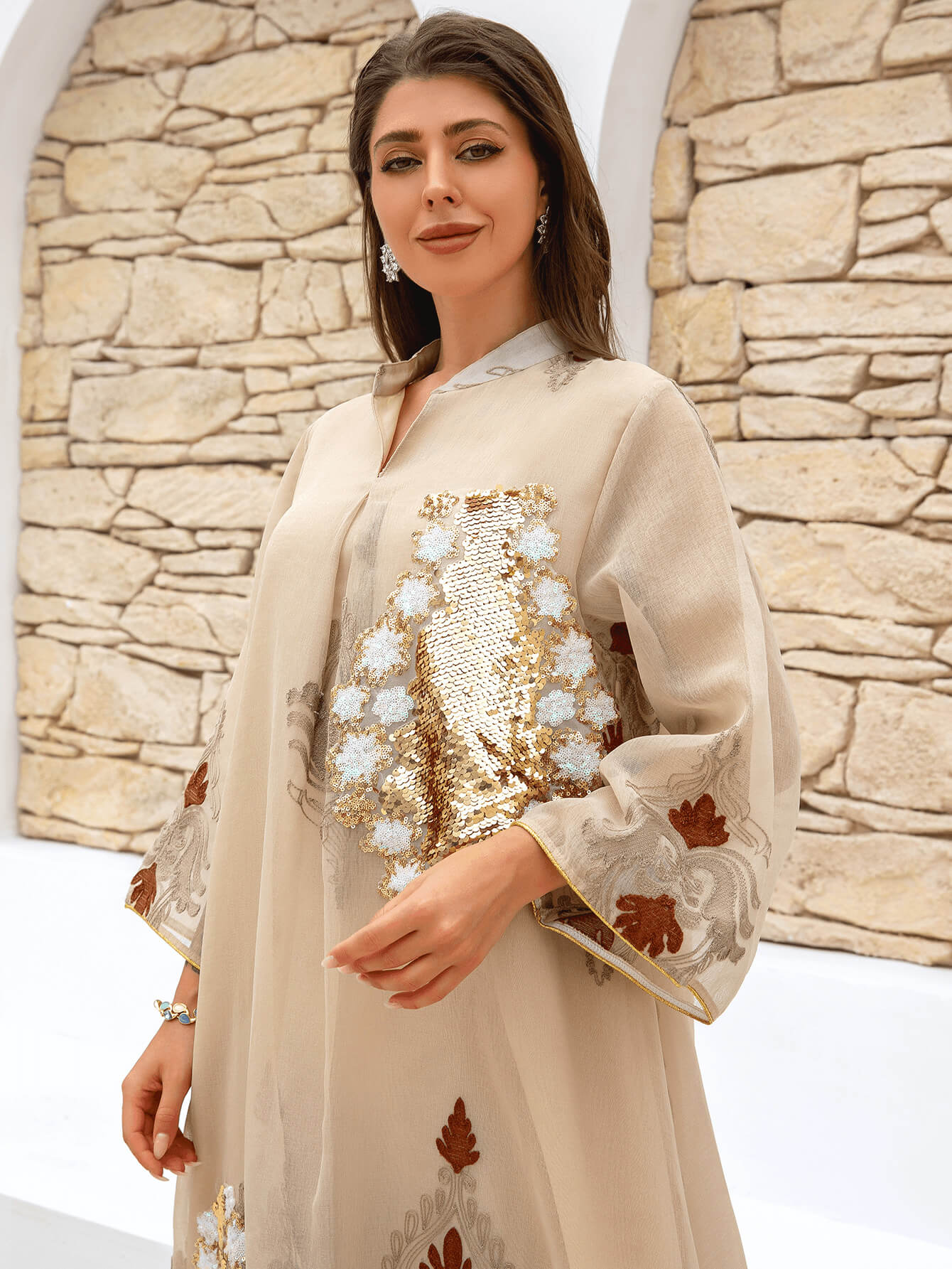 Apricot Floral Sequin Kaftan Dress - Aurohaya