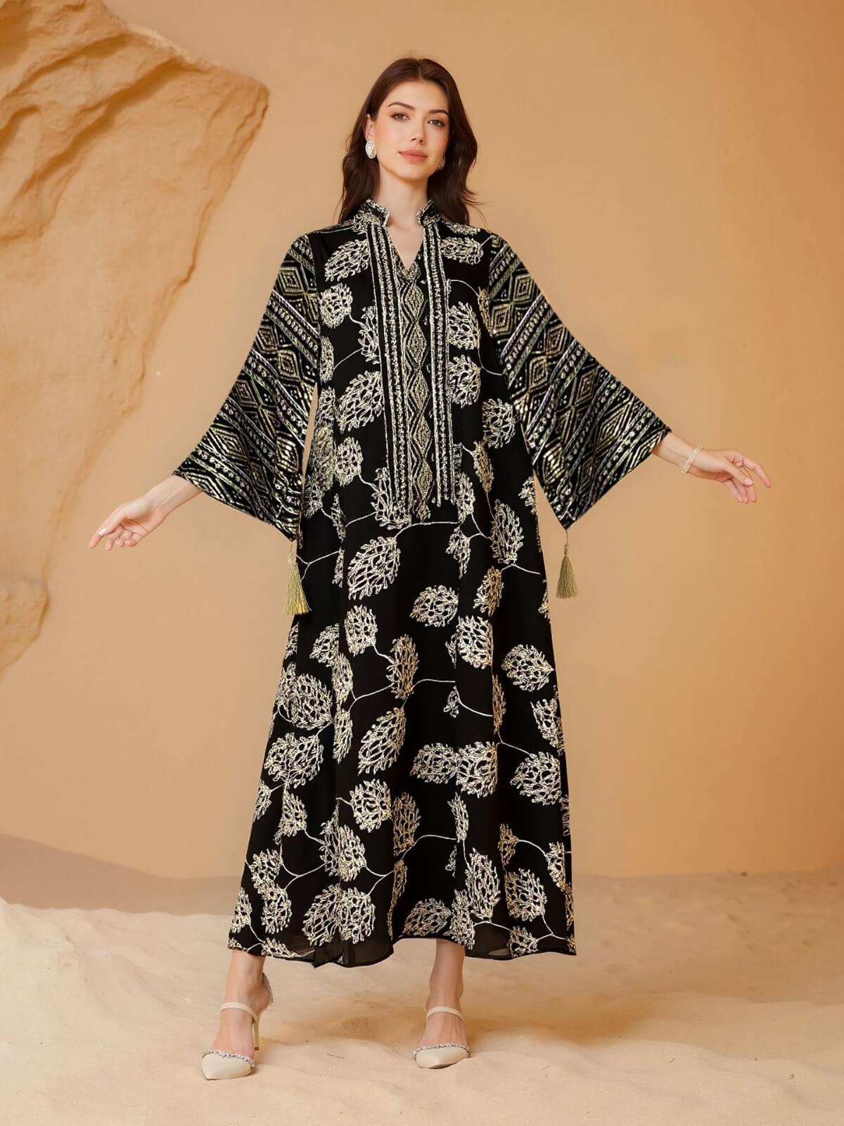 Gold Mesh Embroidered Sequin Kaftan Maxi Dress