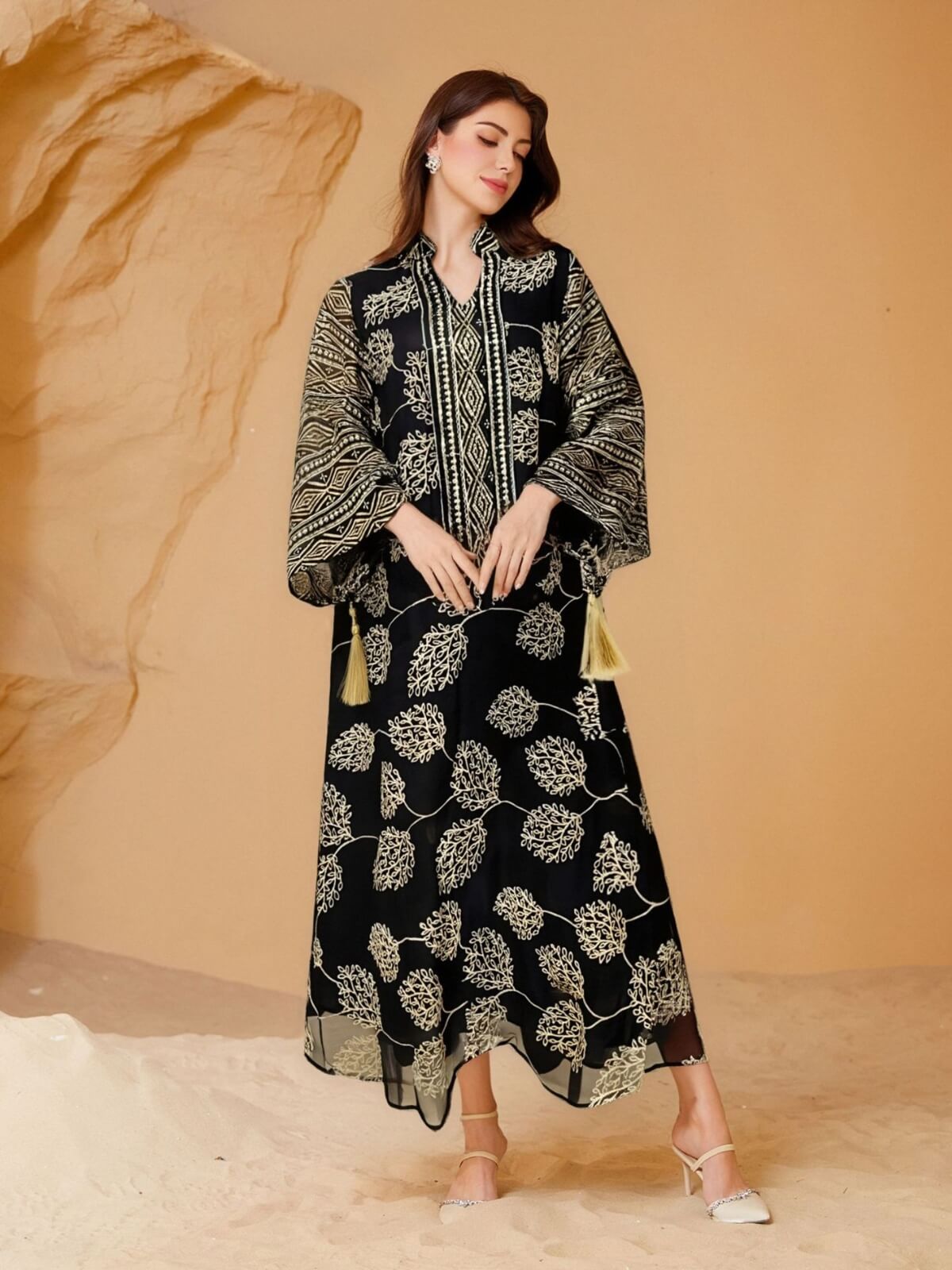 Gold Mesh Embroidered Sequin Kaftan Maxi Dress