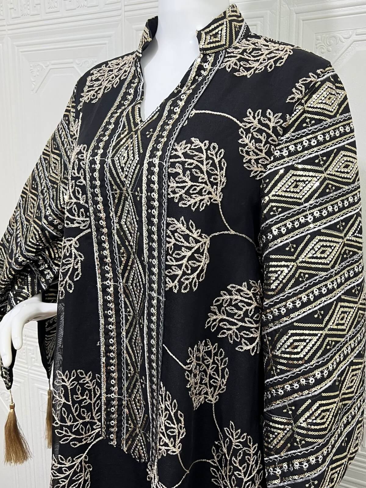 Gold Mesh Embroidered Sequin Kaftan Maxi Dress