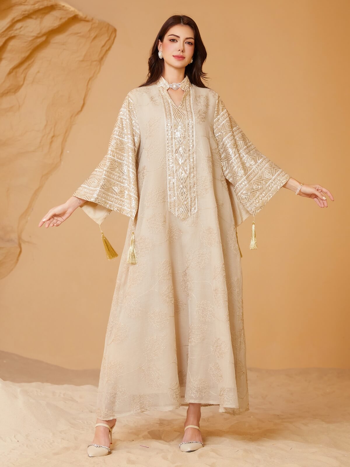 Gold Mesh Embroidered Sequin Kaftan Maxi Dress