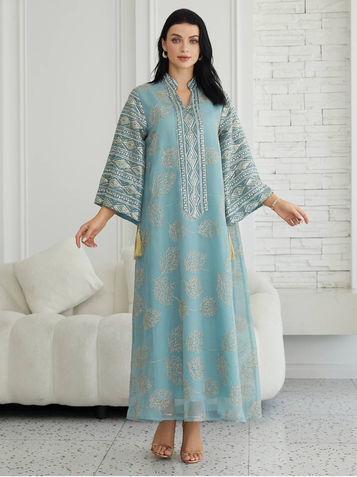Gold Mesh Embroidered Sequin Kaftan Maxi Dress