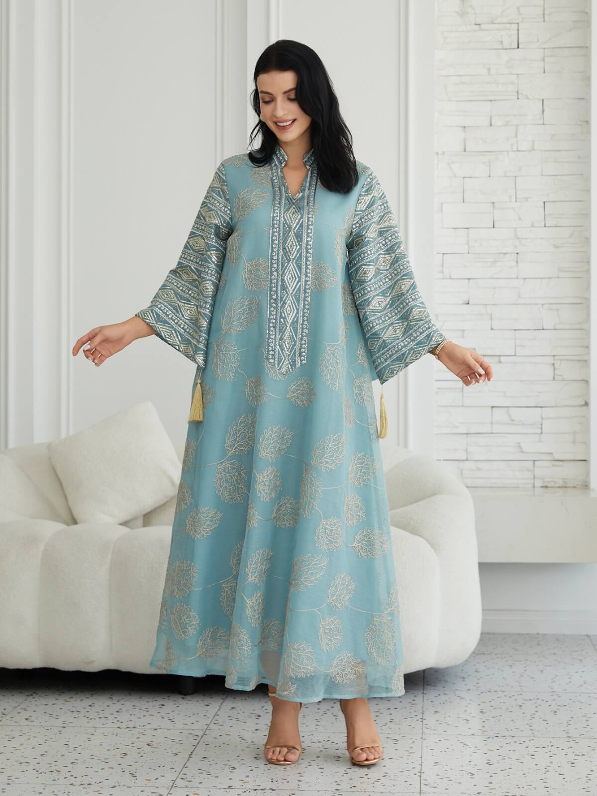 Gold Mesh Embroidered Sequin Kaftan Maxi Dress