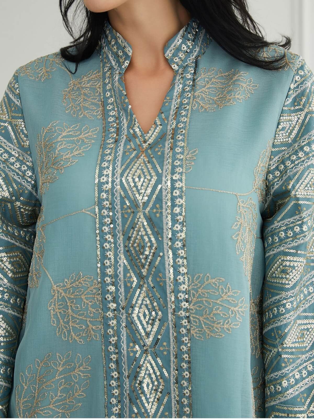 Gold Mesh Embroidered Sequin Kaftan Maxi Dress