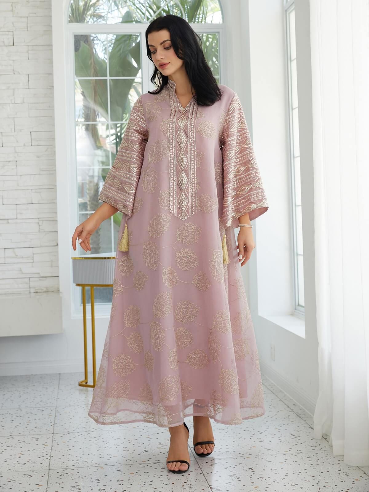 Gold Mesh Embroidered Sequin Kaftan Maxi Dress
