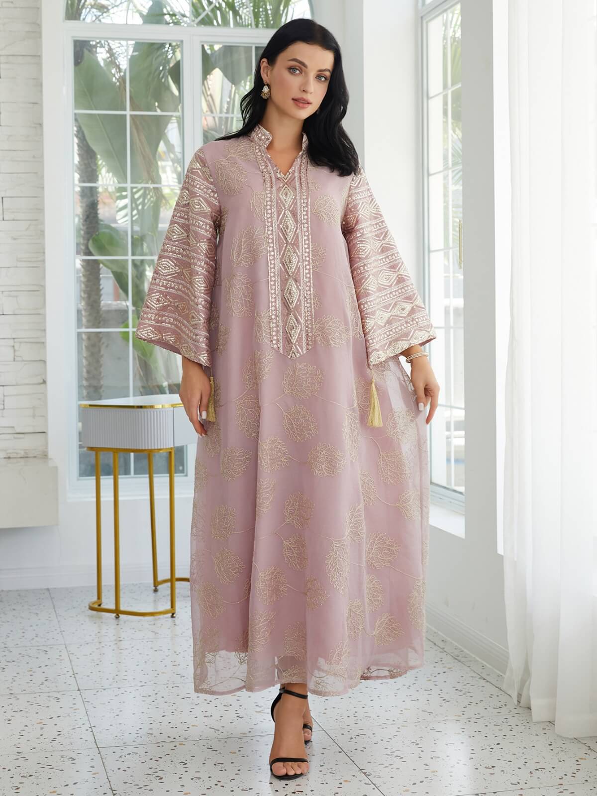 Gold Mesh Embroidered Sequin Kaftan Maxi Dress