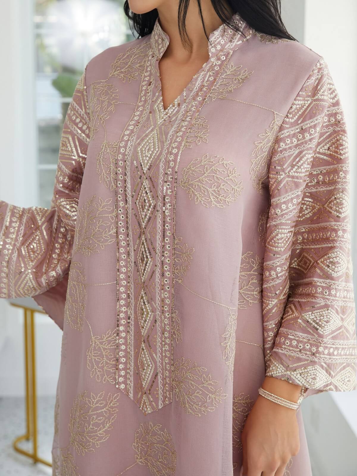 Gold Mesh Embroidered Sequin Kaftan Maxi Dress