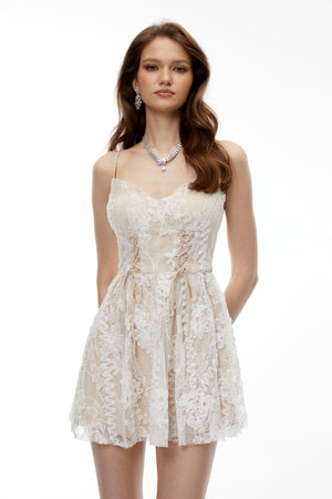 Aurohaya Karelle Neutral Floral Lace Mini Dress
