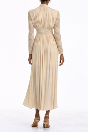 Aurohaya Karine Neutral Lace Panel Ruched Maxi Dress