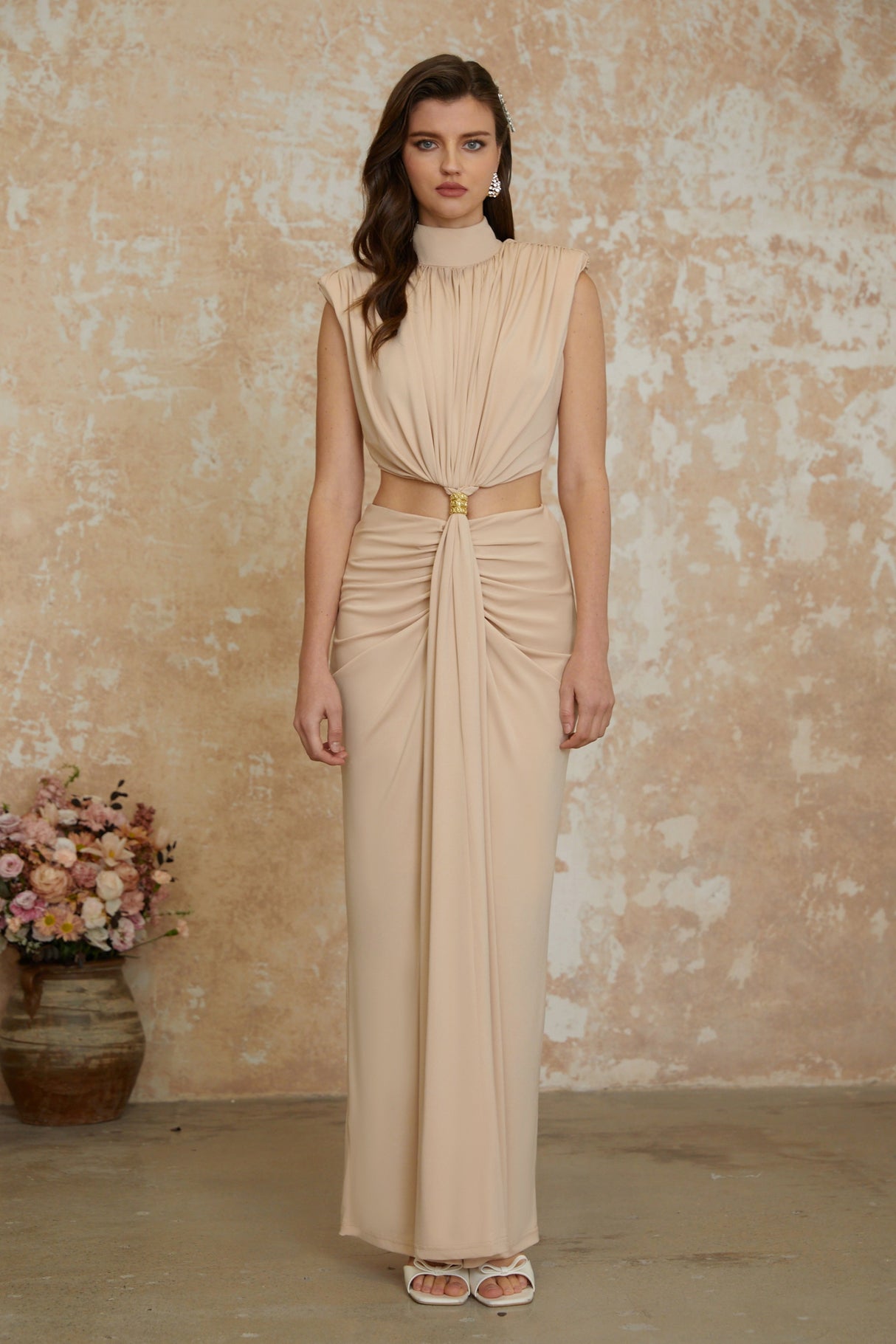Aurohaya Karolina Neutral High Neck Twist Front Maxi Dress