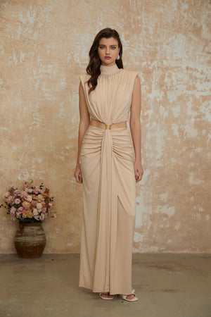 Aurohaya Karolina Neutral High Neck Twist Front Maxi Dress