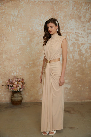 Aurohaya Karolina Neutral High Neck Twist Front Maxi Dress
