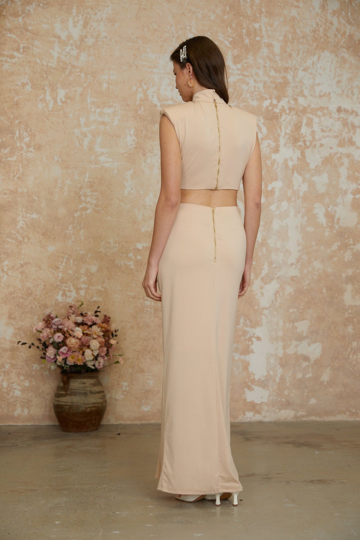 Aurohaya Karolina Neutral High Neck Twist Front Maxi Dress