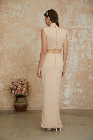Aurohaya Karolina Neutral High Neck Twist Front Maxi Dress