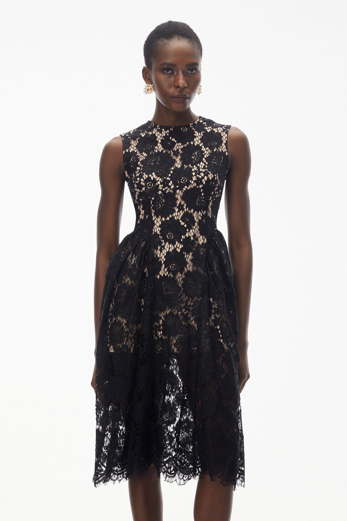 Aurohaya Katherine Black Sleeveless Floral Lace Midi Dress