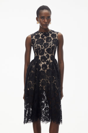 Aurohaya Katherine Black Sleeveless Floral Lace Midi Dress