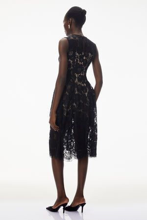 Aurohaya Katherine Black Sleeveless Floral Lace Midi Dress