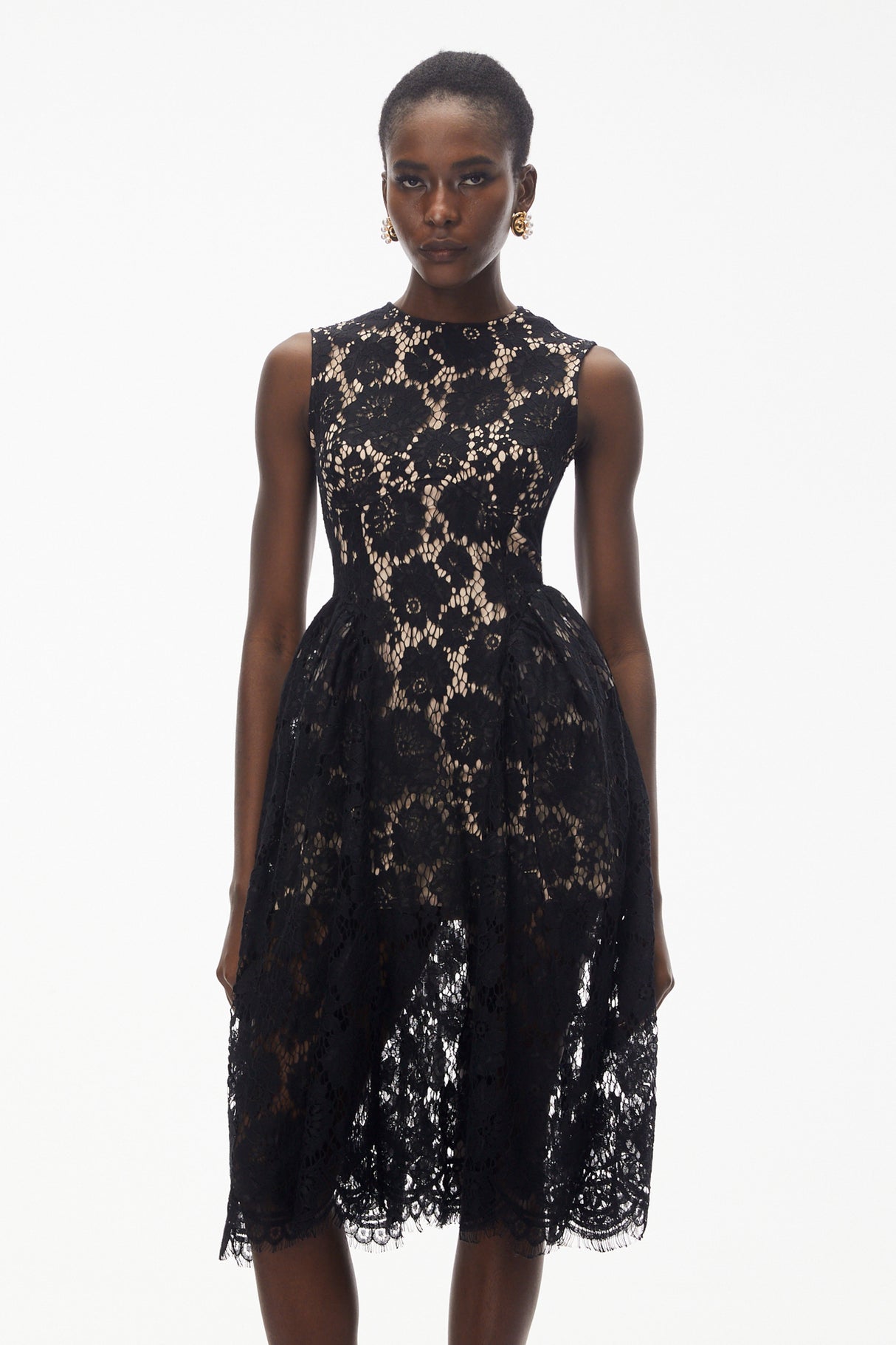 Aurohaya Katherine Black Sleeveless Floral Lace Midi Dress