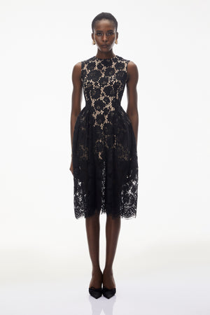 Aurohaya Katherine Black Sleeveless Floral Lace Midi Dress