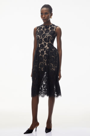 Aurohaya Katherine Black Sleeveless Floral Lace Midi Dress