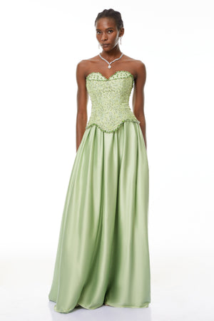 Aurohaya Kathrin Green Embellished Satin Panel Maxi Dress
