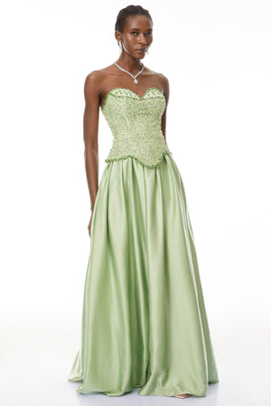 Aurohaya Kathrin Green Embellished Satin Panel Maxi Dress