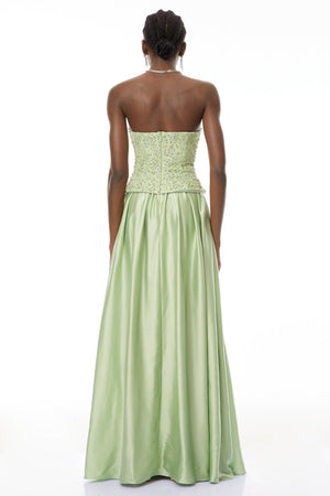 Aurohaya Kathrin Green Embellished Satin Panel Maxi Dress
