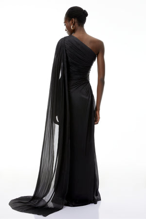 Aurohaya Katrin Black One Shoulder Ruched Maxi Dress
