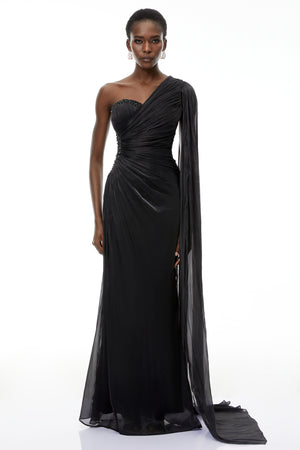 Aurohaya Katrin Black One Shoulder Ruched Maxi Dress