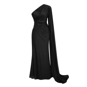Aurohaya Katrin Black One Shoulder Ruched Maxi Dress