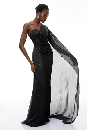 Aurohaya Katrin Black One Shoulder Ruched Maxi Dress