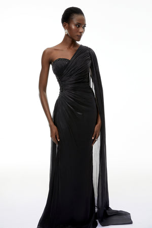 Aurohaya Katrin Black One Shoulder Ruched Maxi Dress