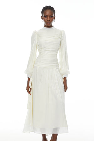 Aurohaya Katrín White Glossy Gathered Maxi Dress