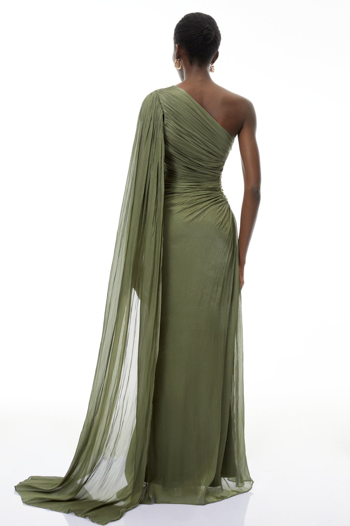 Aurohaya Katrin Green One Shoulder Ruched Maxi Dress