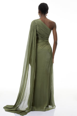Aurohaya Katrin Green One Shoulder Ruched Maxi Dress