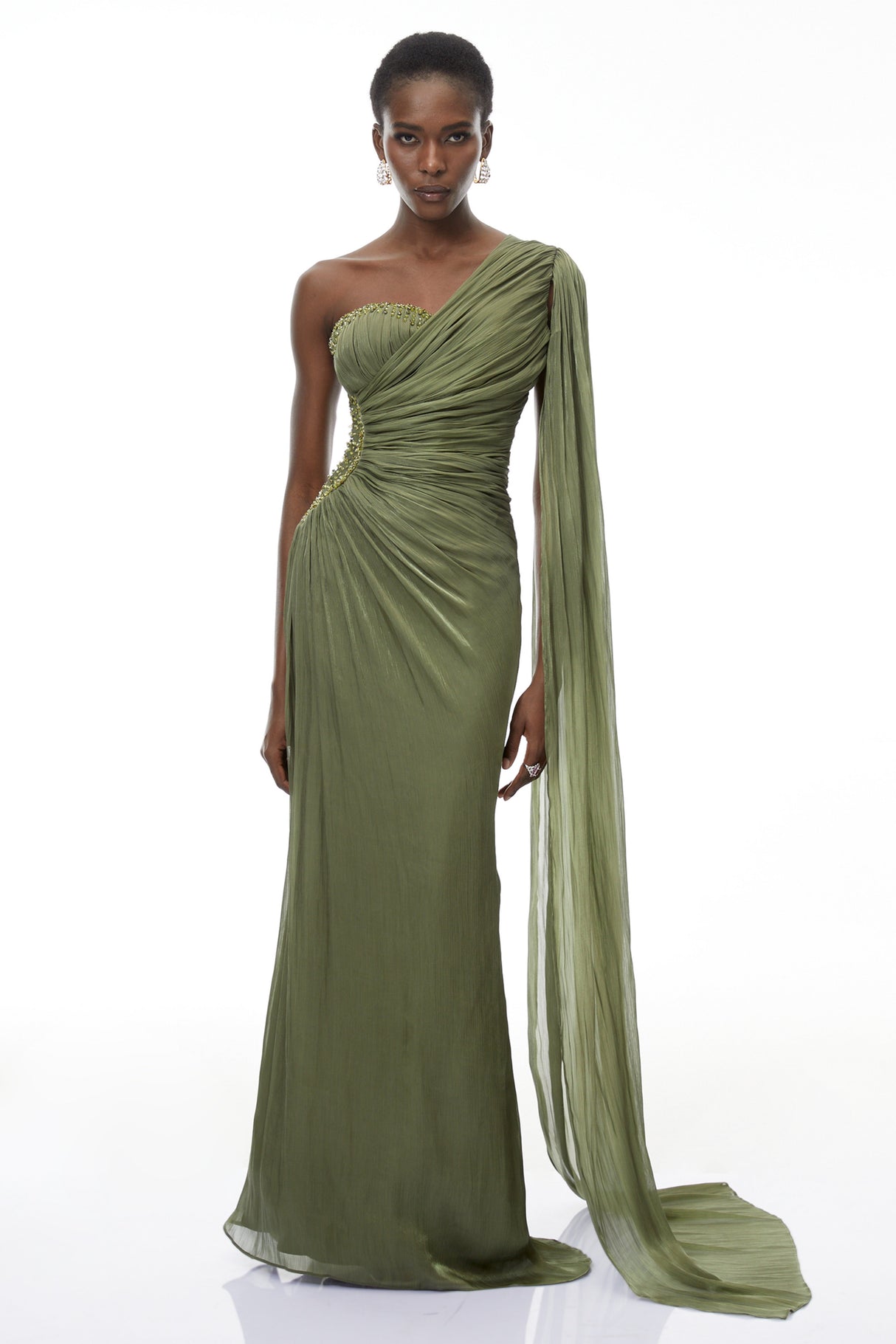 Aurohaya Katrin Green One Shoulder Ruched Maxi Dress