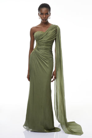 Aurohaya Katrin Green One Shoulder Ruched Maxi Dress