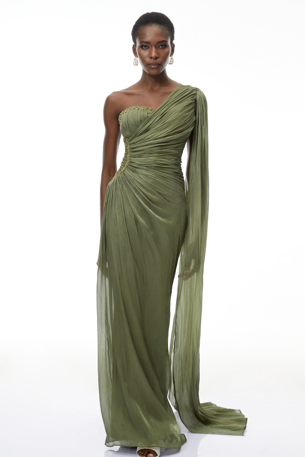 Aurohaya Katrin Green One Shoulder Ruched Maxi Dress