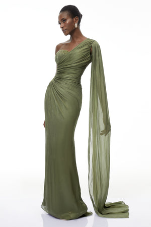 Aurohaya Katrin Green One Shoulder Ruched Maxi Dress