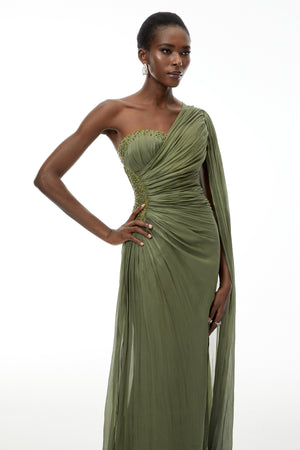 Aurohaya Katrin Green One Shoulder Ruched Maxi Dress
