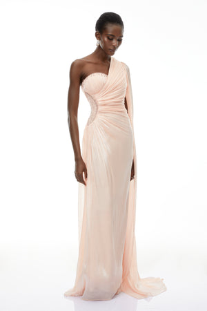 Aurohaya Katrin Pink One Shoulder Ruched Maxi Dress