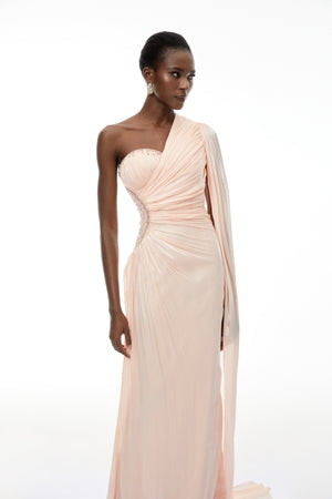 Aurohaya Katrin Pink One Shoulder Ruched Maxi Dress