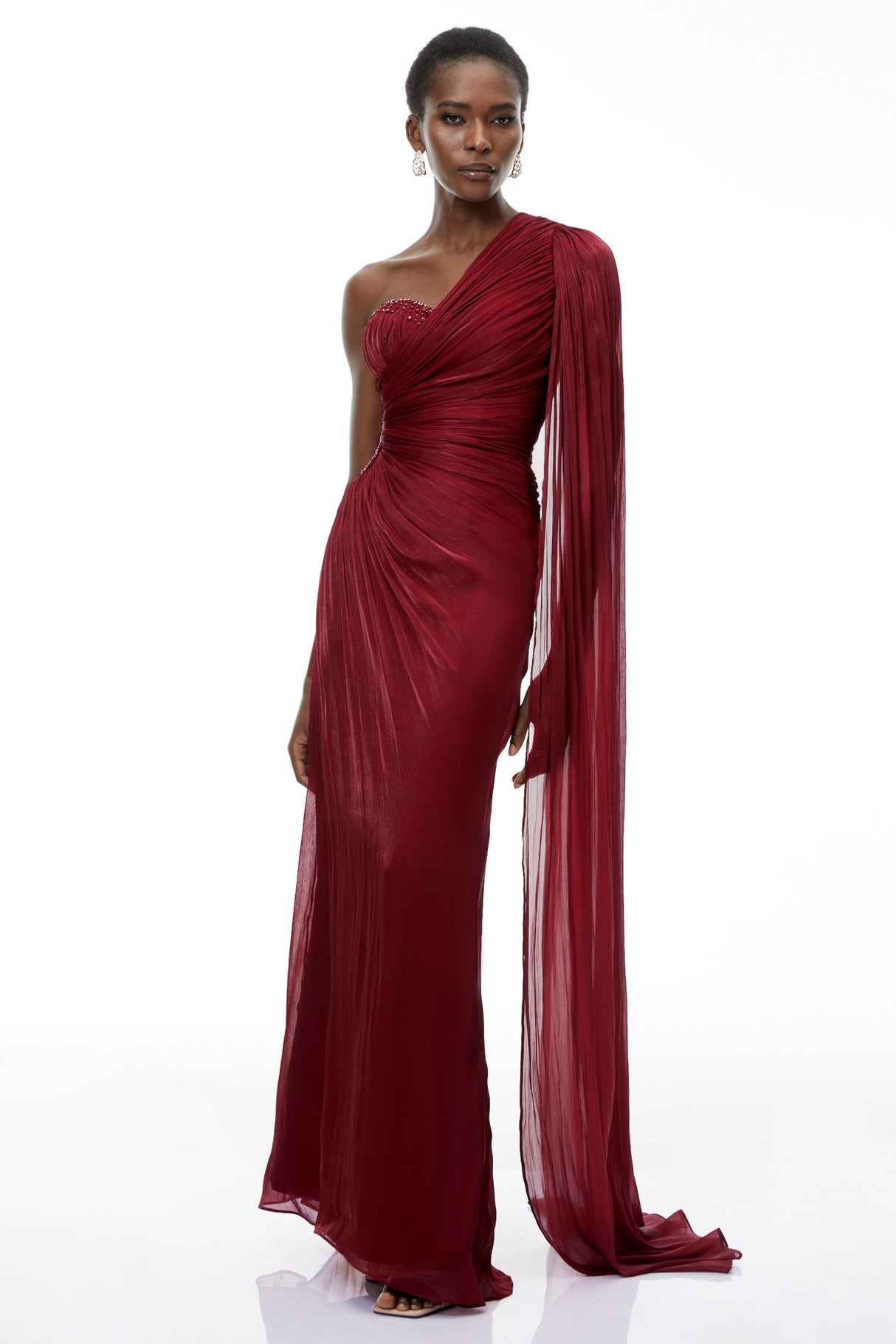 Aurohaya Katrin Red One Shoulder Ruched Maxi Dress