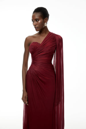 Aurohaya Katrin Red One Shoulder Ruched Maxi Dress