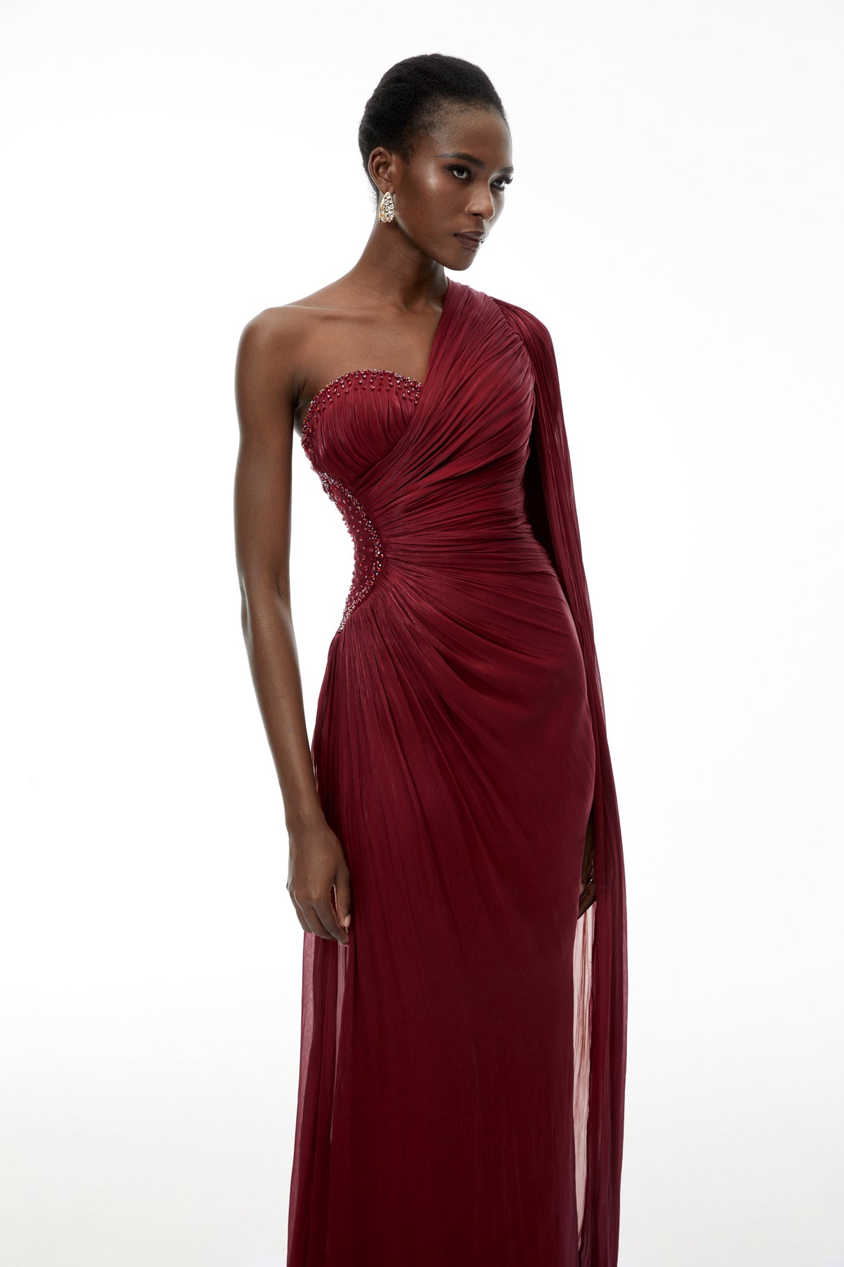 Aurohaya Katrin Red One Shoulder Ruched Maxi Dress
