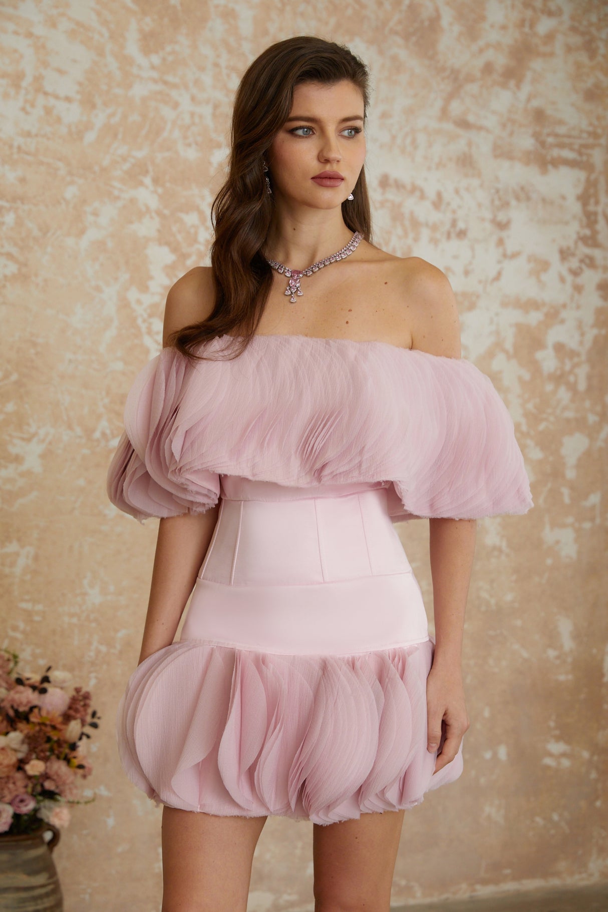 Aurohaya Kerstin Pink Off-Shoulder Ruffled Mini Dress
