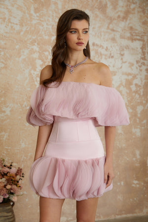 Aurohaya Kerstin Pink Off-Shoulder Ruffled Mini Dress
