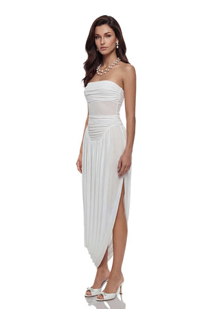 Aurohaya Kiia White Off Shoulder Ruched Midi Dress