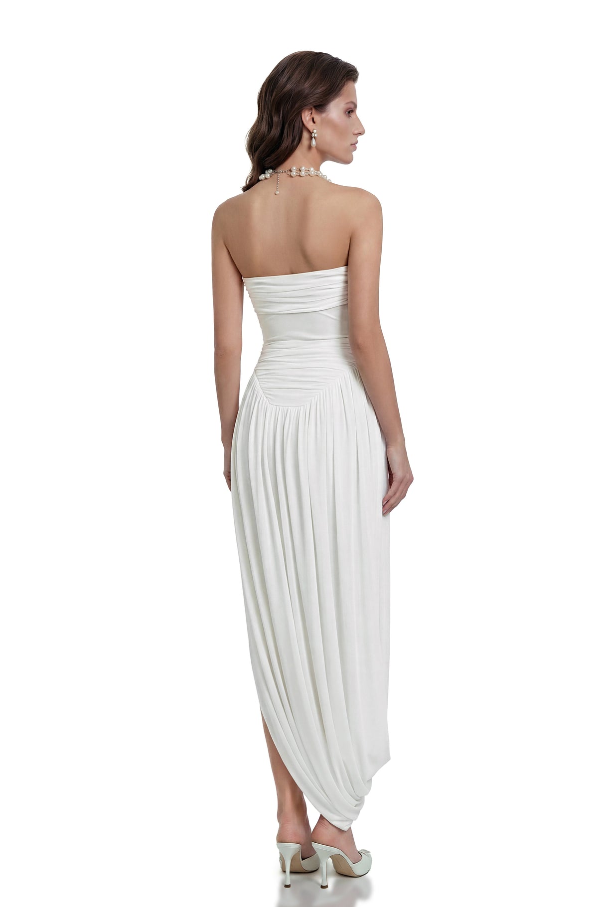 Aurohaya Kiia White Off Shoulder Ruched Midi Dress