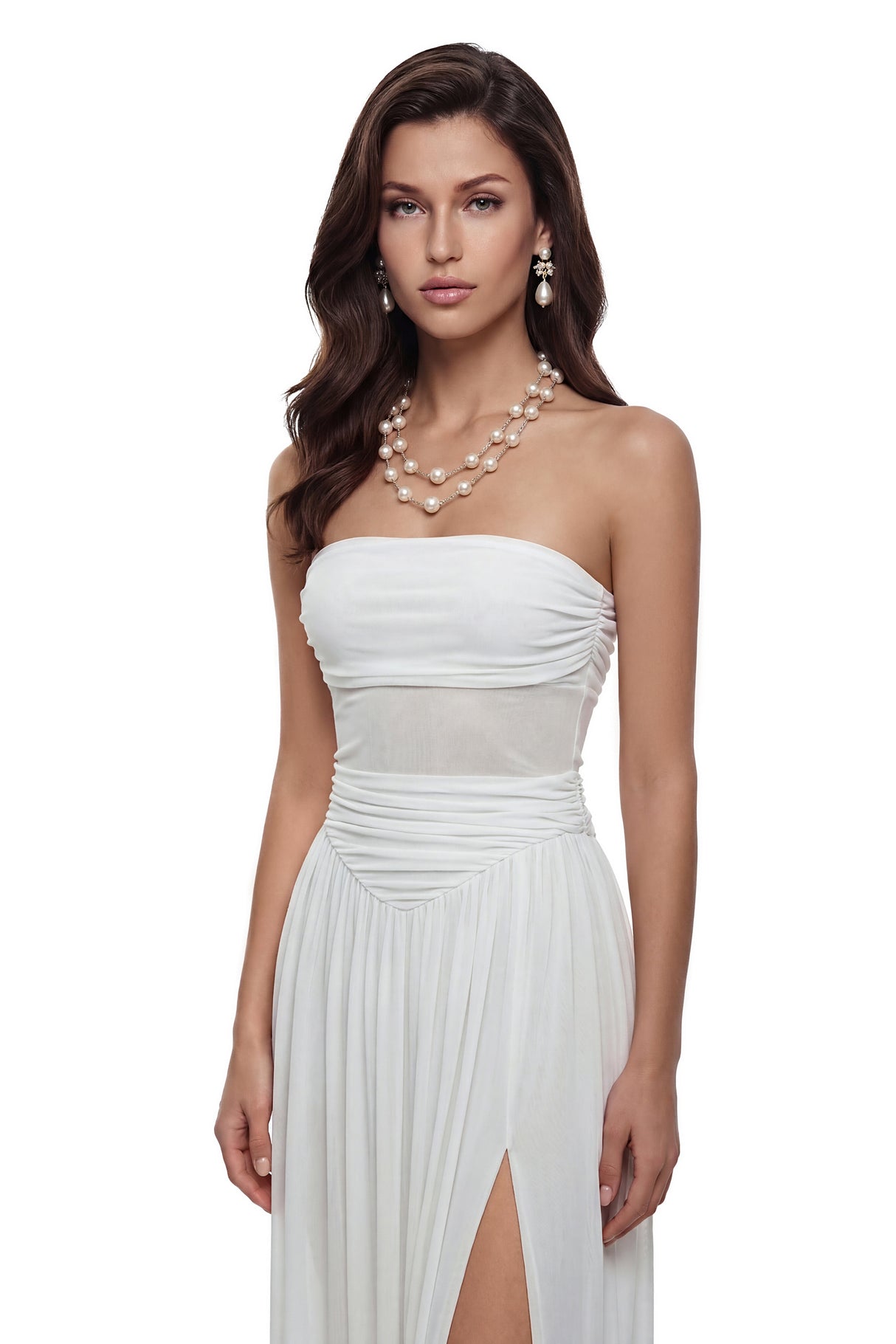 Aurohaya Kiia White Off Shoulder Ruched Midi Dress